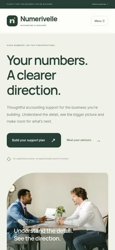 Accounting firm website template homepage on a phone