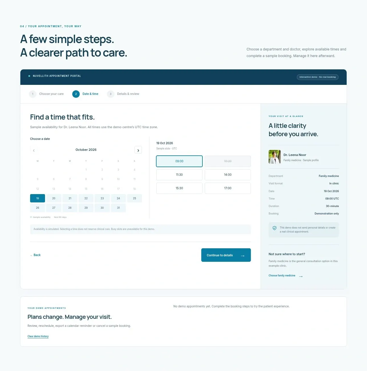 Medical clinic website template appointment portal with dates and times