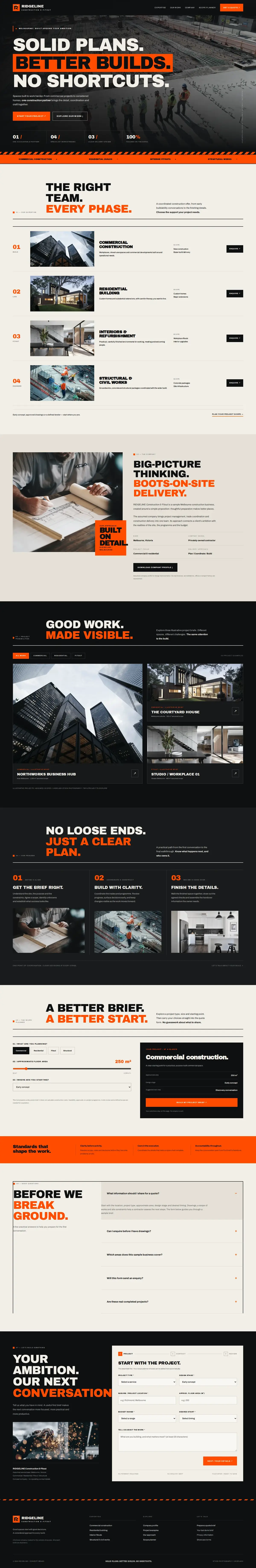 Construction company website template, full homepage from the top to the footer
