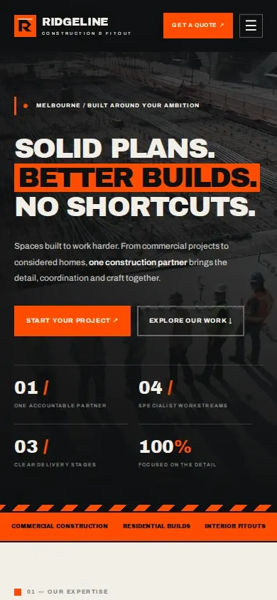 Construction company website template homepage on a phone