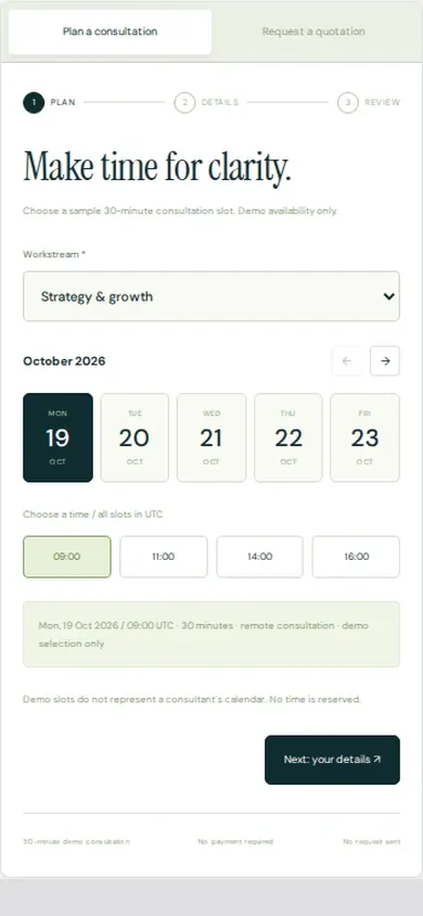 Consultancy website template consultation booking with dates and times on a phone