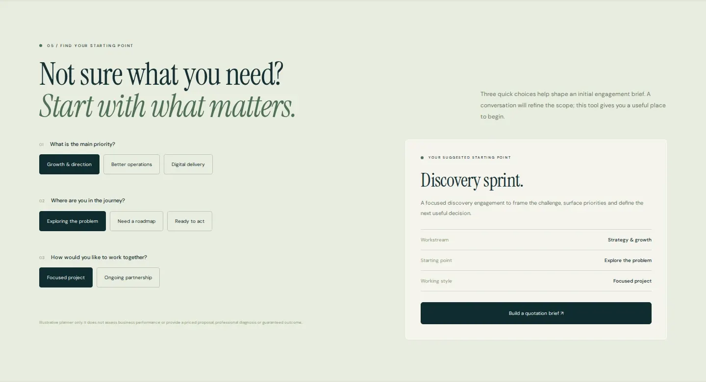 Consultancy website template starting-point planner that suggests a first engagement