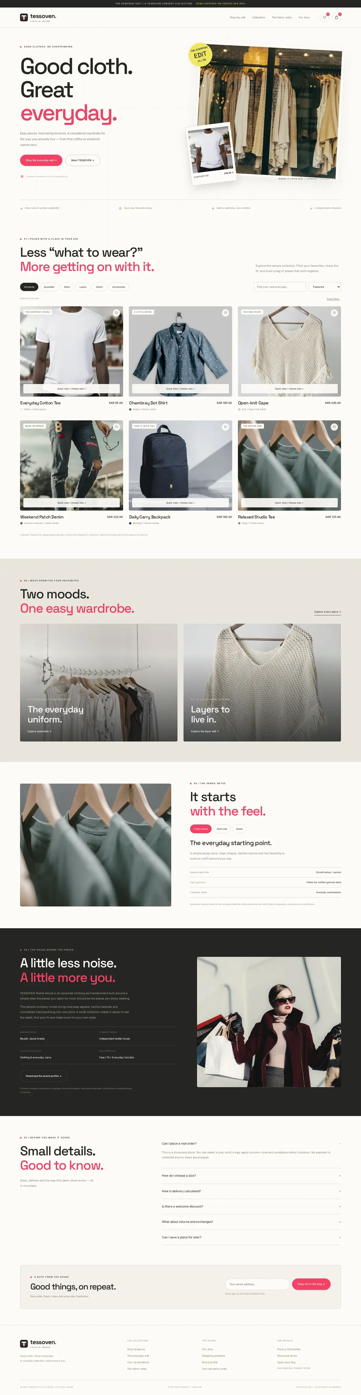 Clothing store website template, full homepage from the top to the footer