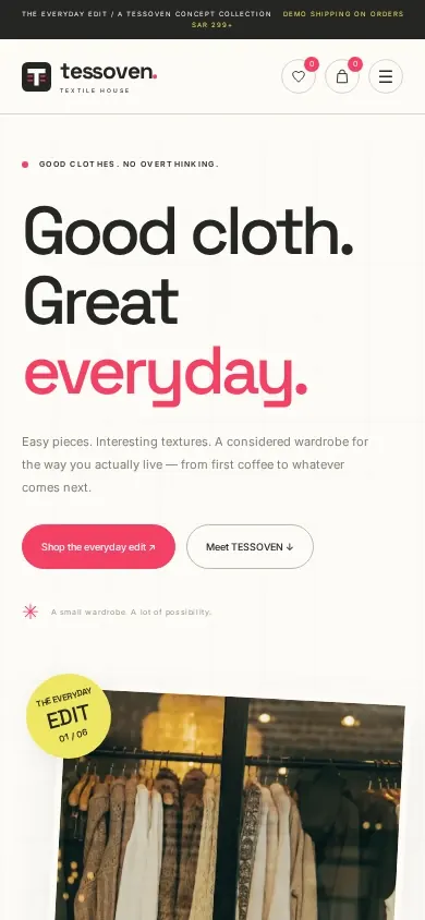 Clothing store website template homepage on a phone