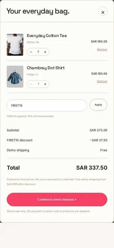 Clothing store website template shopping bag with a discount code on a phone