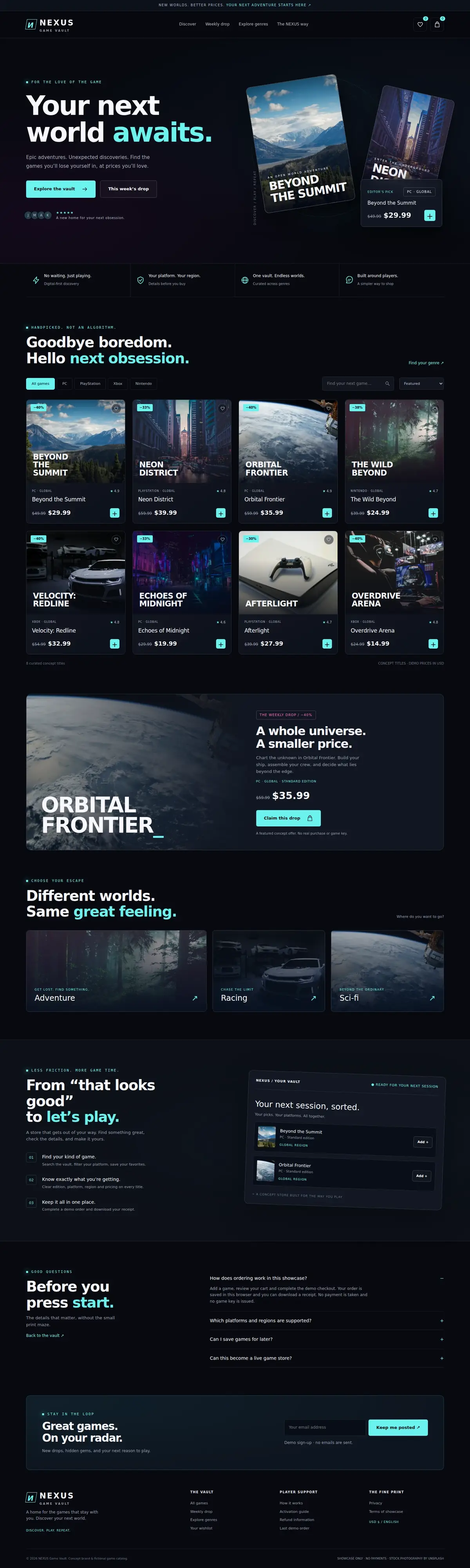 Video game store website template, full homepage from the top to the footer