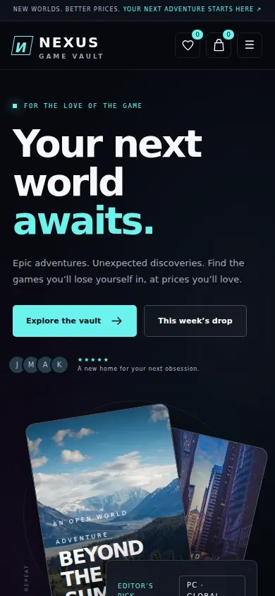 Video game store website template homepage on a phone