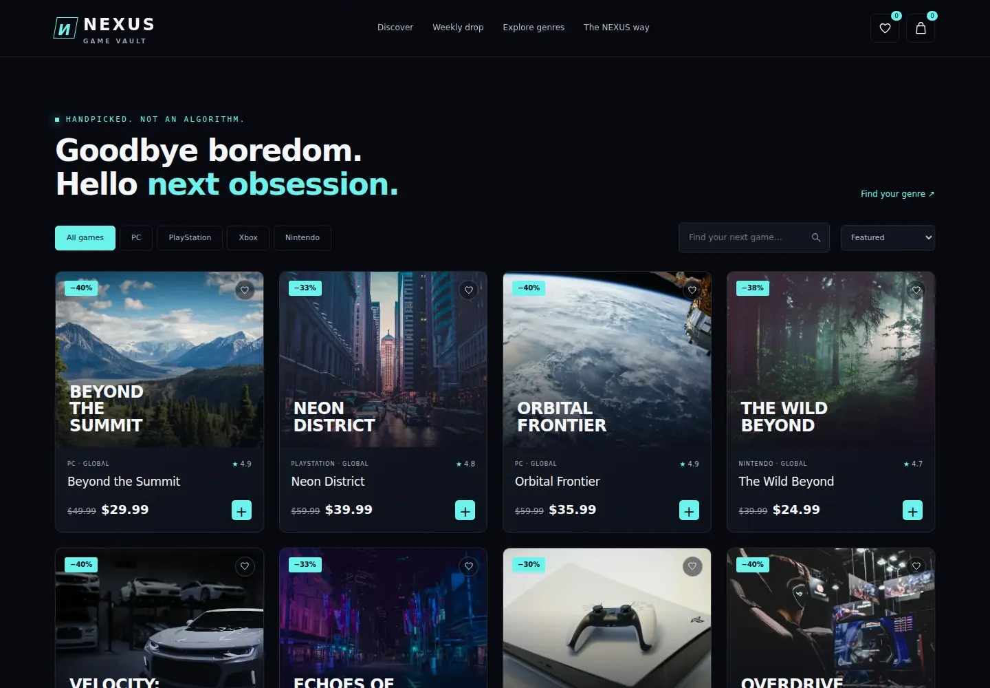 Video game store website template game catalogue with platform filters