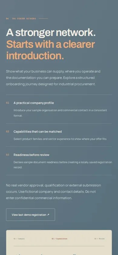 Industrial supplier website template vendor registration on a phone