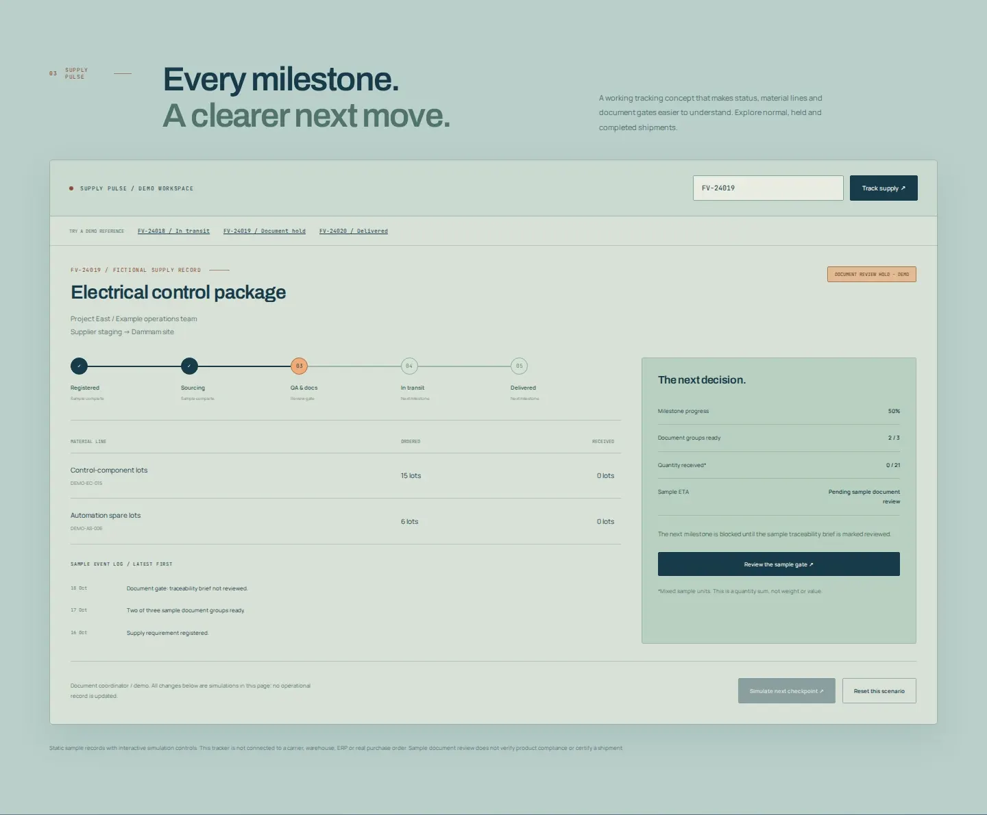Industrial supplier website template supply tracking with order milestones