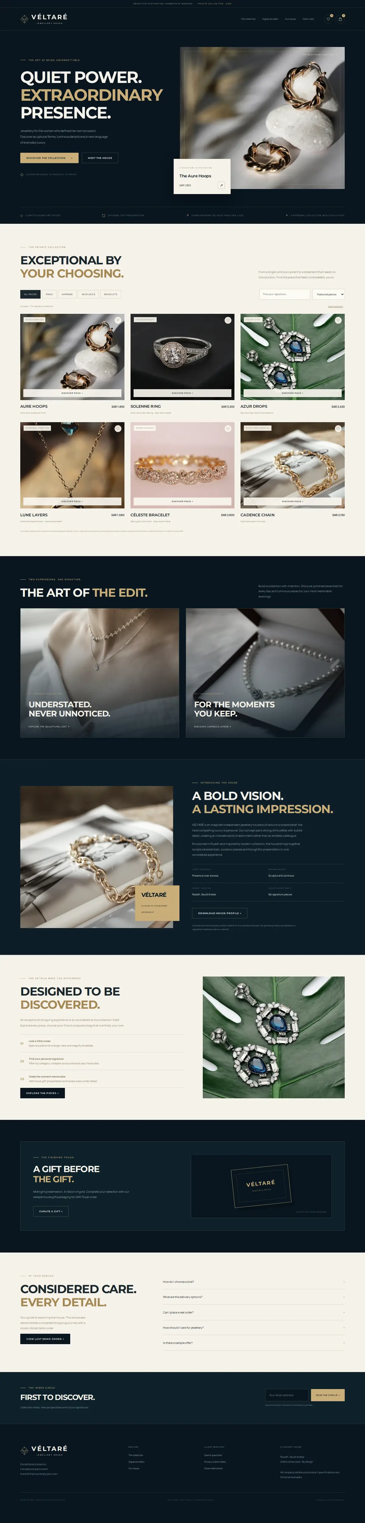 Jewellery store website template, full homepage from the top to the footer