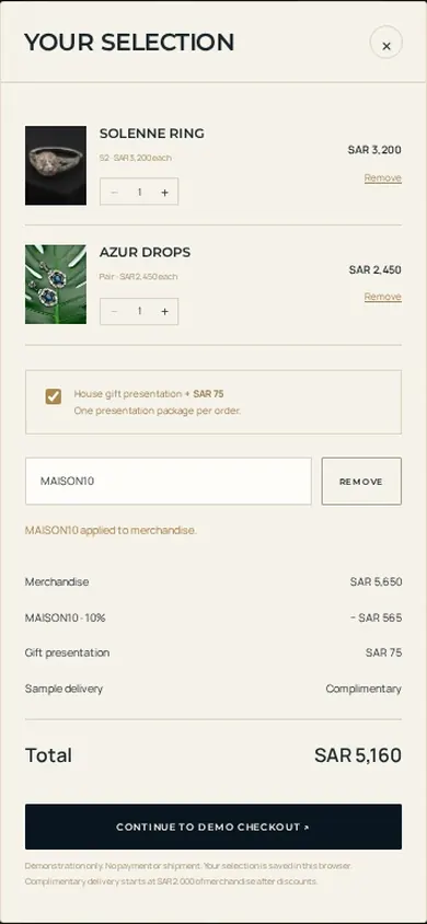 Jewellery store website template selection bag with gift presentation on a phone