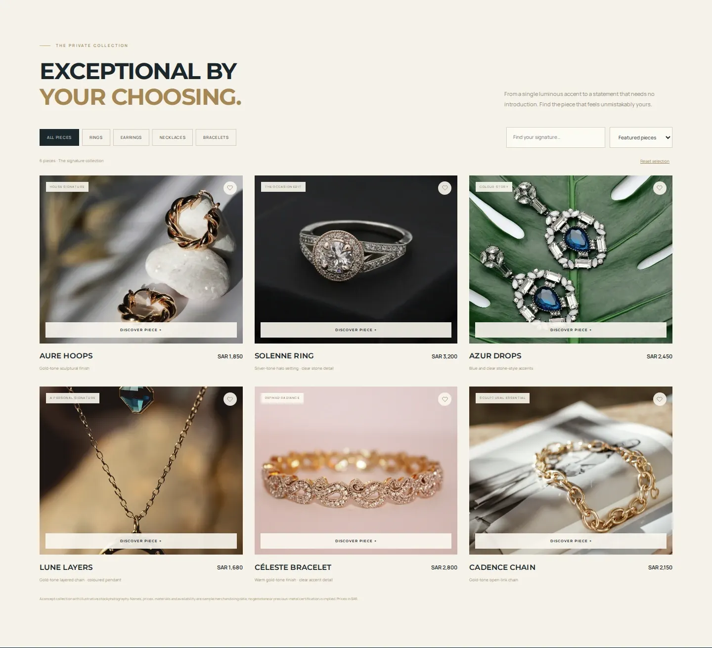 Jewellery store website template signature collection with filters