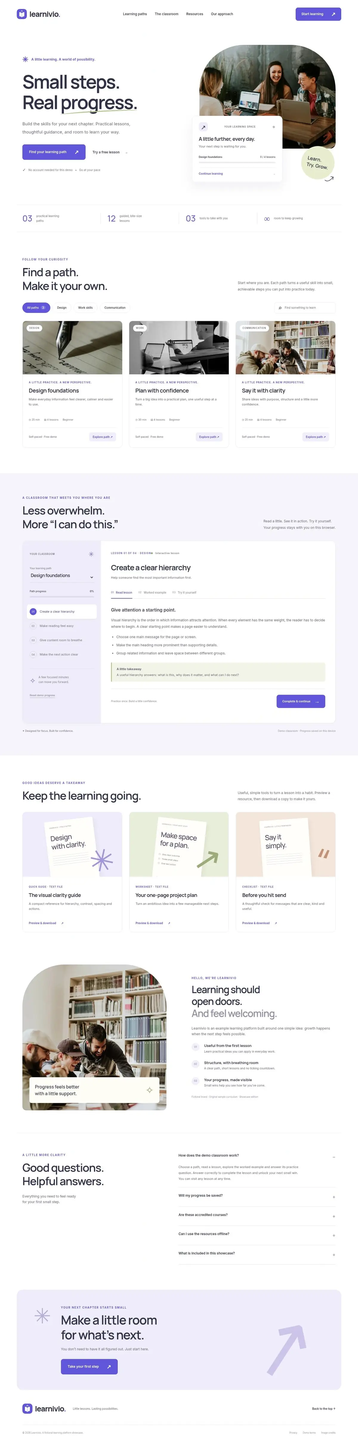 Online learning platform website template, full homepage from the top to the footer