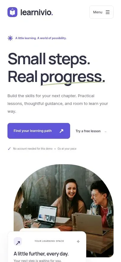 Online learning platform website template homepage on a phone