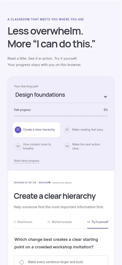 Online learning website template interactive lesson on a phone