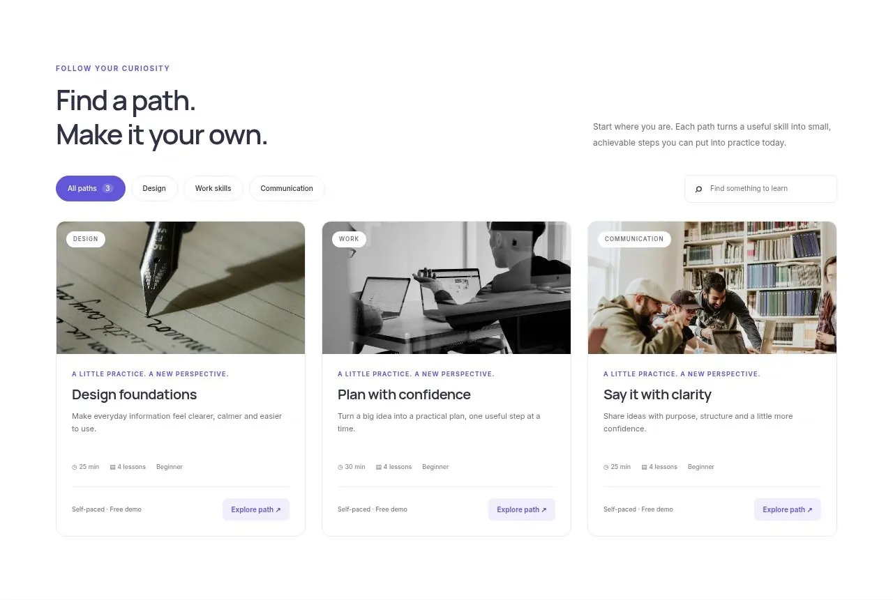 Online learning website template learning paths catalogue with filters