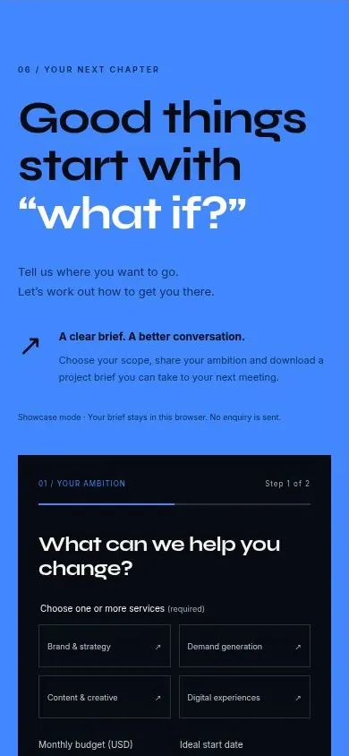 Marketing agency website template project brief builder on a phone