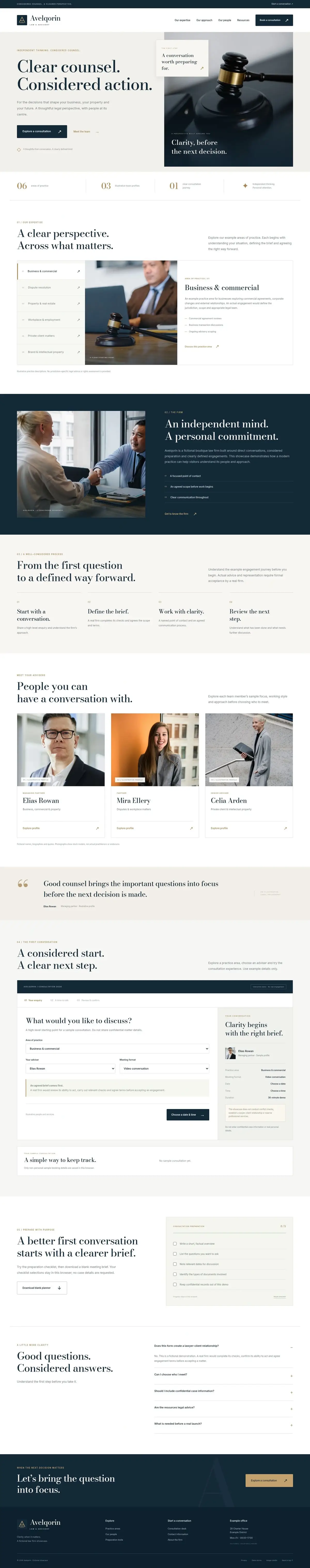 Law firm website template, full homepage from the top to the footer