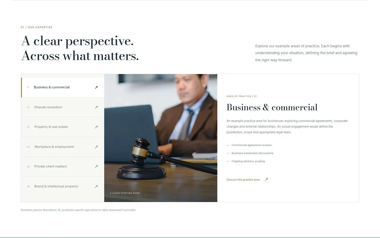 Law firm website template practice areas page