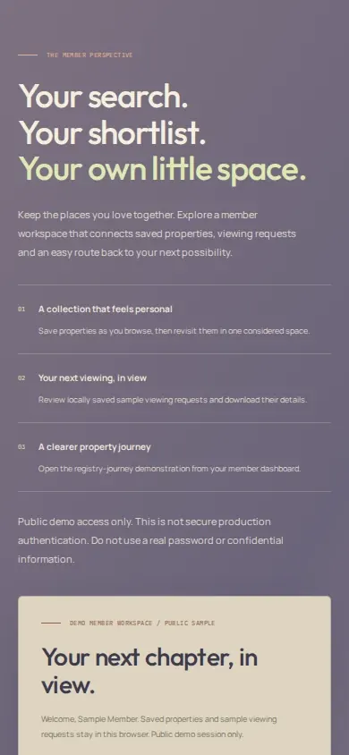 Real estate website template member space with saved properties on a phone