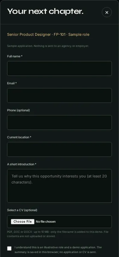 Recruitment website template quick apply form on a phone