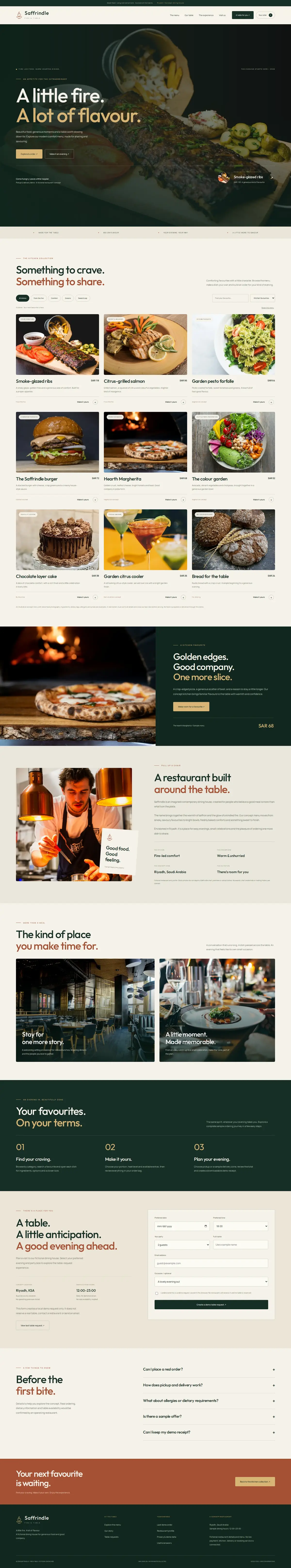 Restaurant website template, full homepage from the top to the footer
