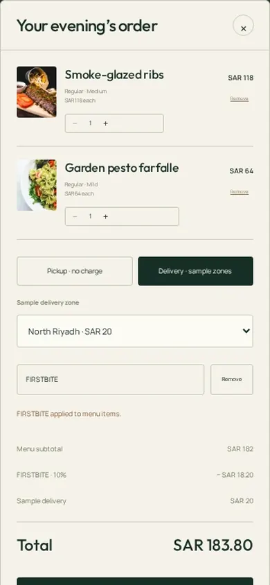 Restaurant website template order basket with pickup and delivery options on a phone