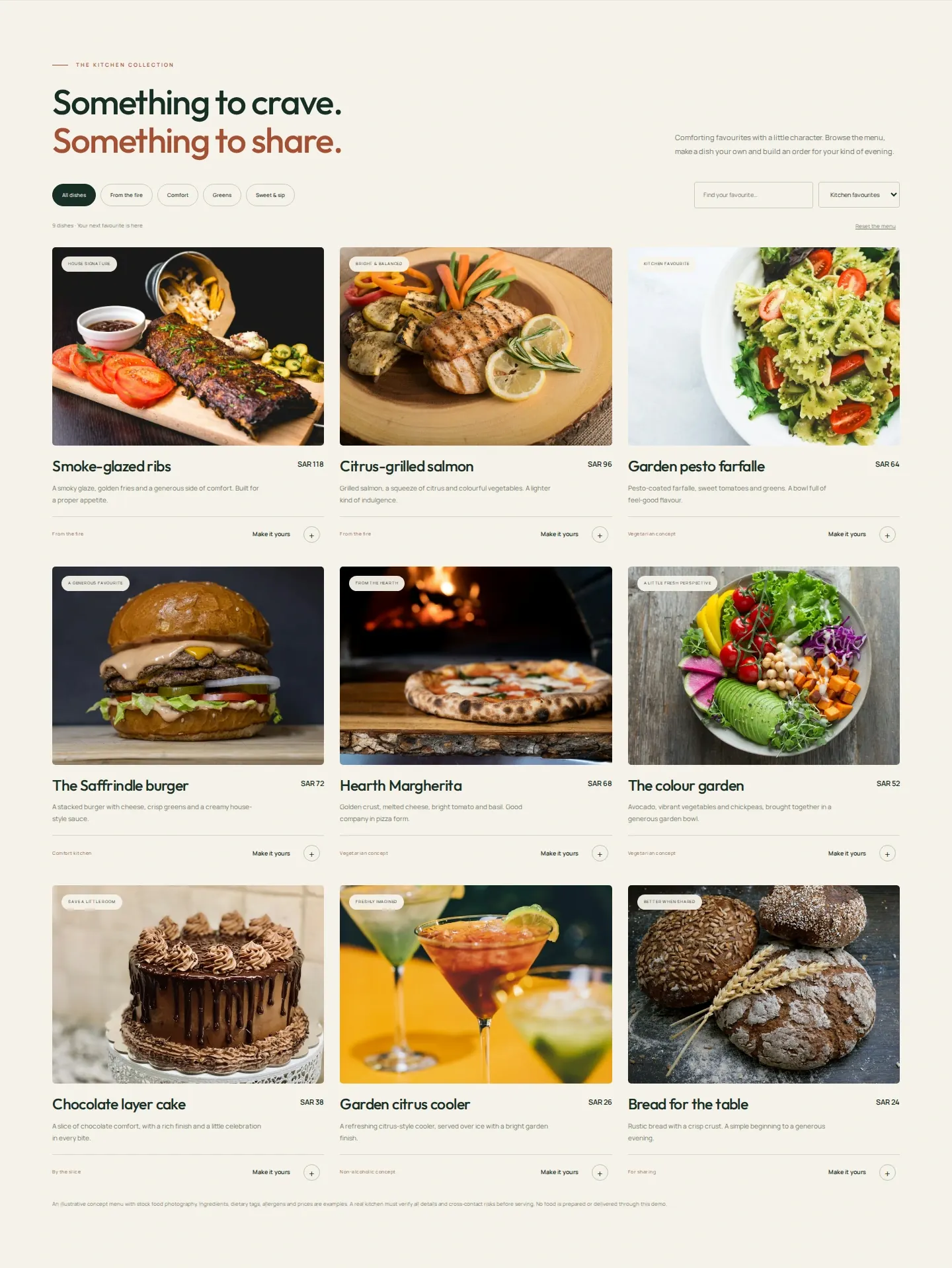 Restaurant website template photo menu with categories
