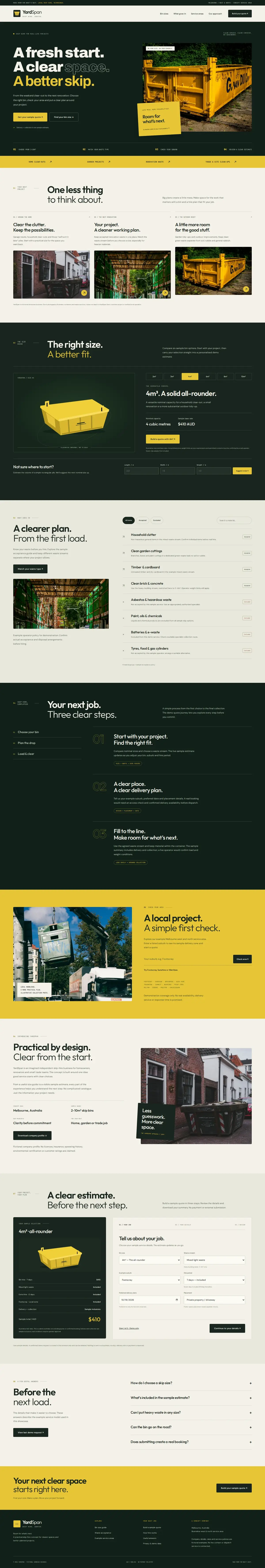 Skip bin hire website template, full homepage from the top to the footer