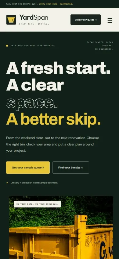 Skip bin hire website template homepage on a phone