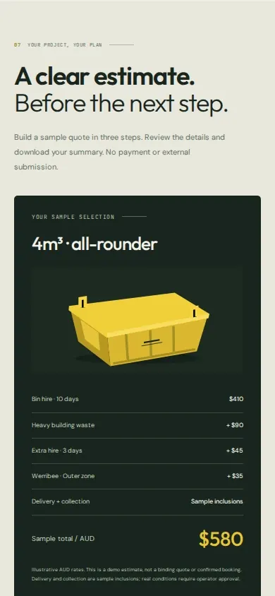 Skip bin website template quote form on a phone