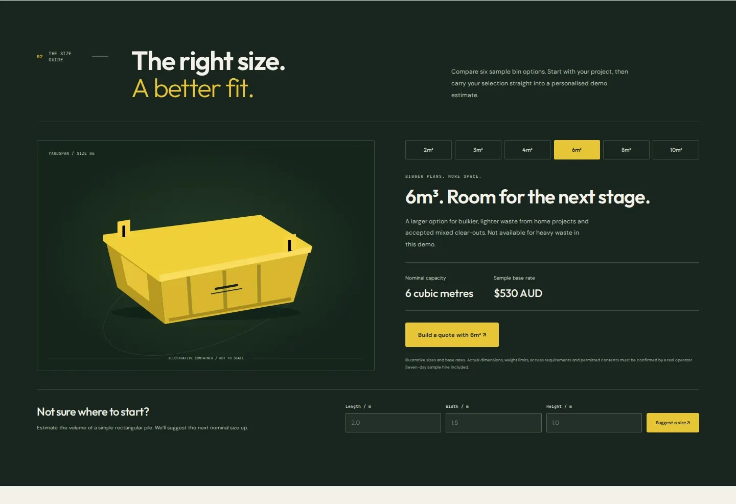 Bin sizes page from the skip bin website template