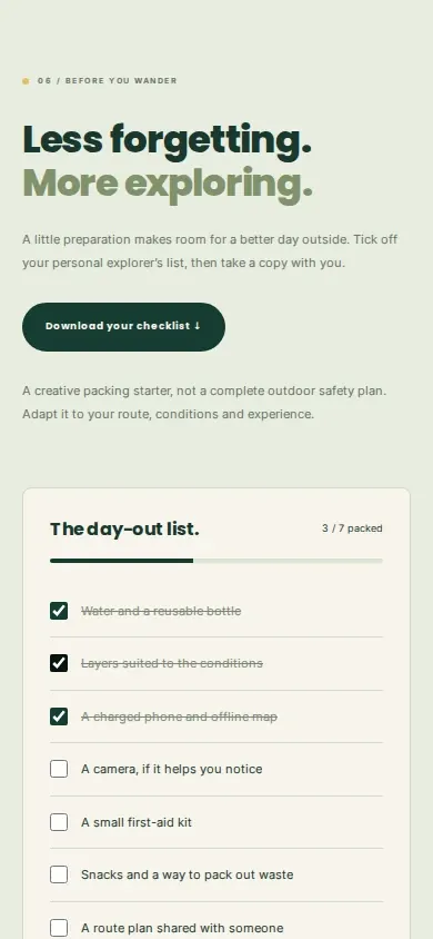 Travel website template day-out checklist on a phone