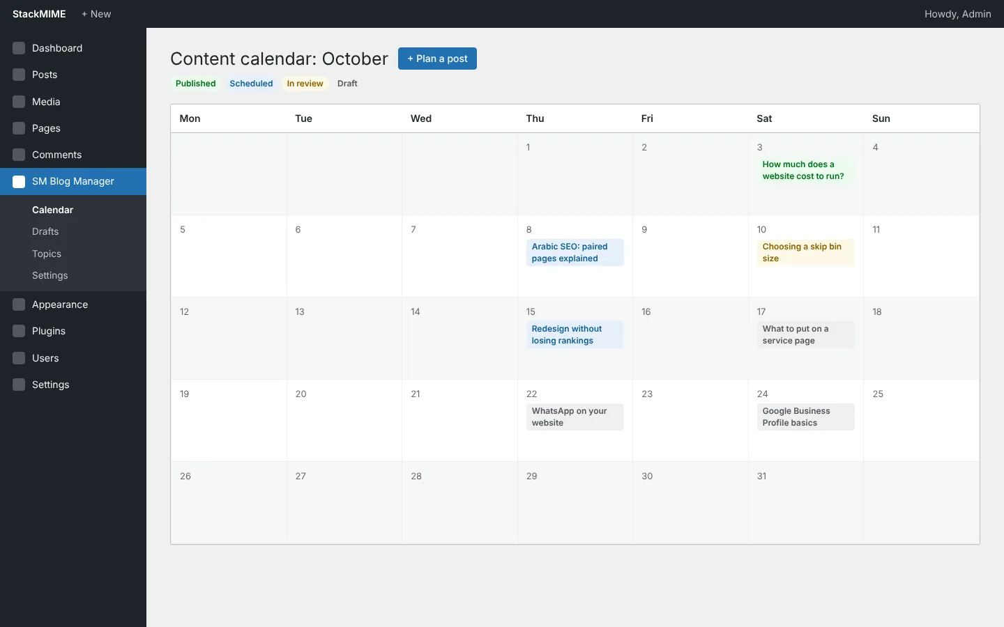 SM Blog Manager WordPress plugin by StackMIME: content calendar
