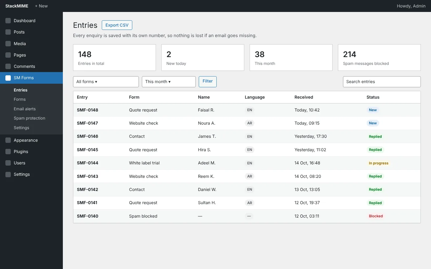 SM Forms WordPress plugin by StackMIME: numbered enquiry entries