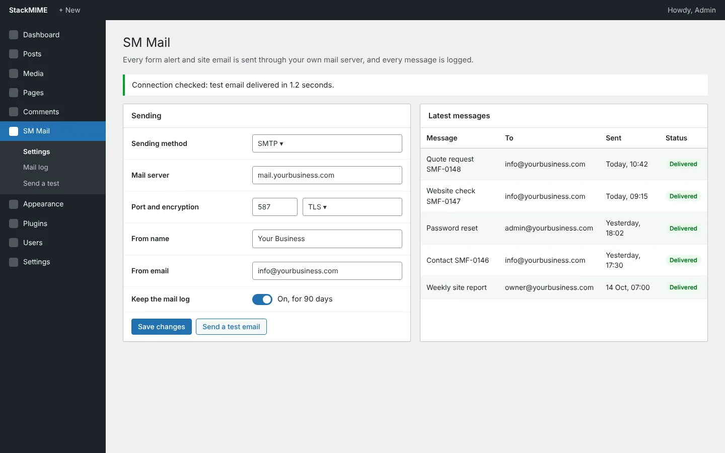 SM Mail WordPress plugin by StackMIME: SMTP settings and mail log