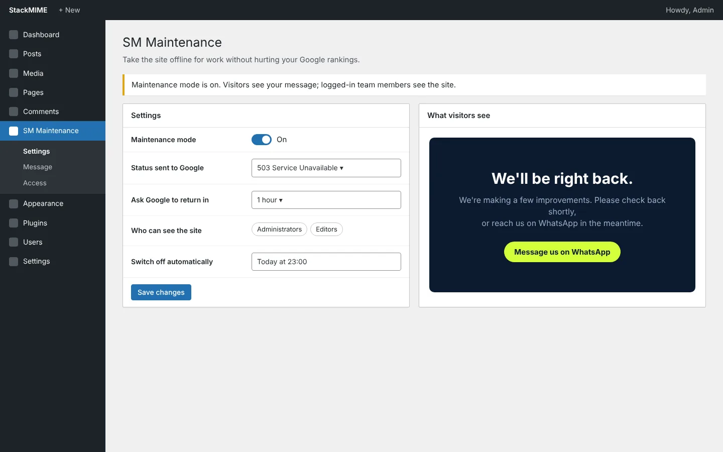 SM Maintenance WordPress plugin by StackMIME: maintenance mode with a 503 status