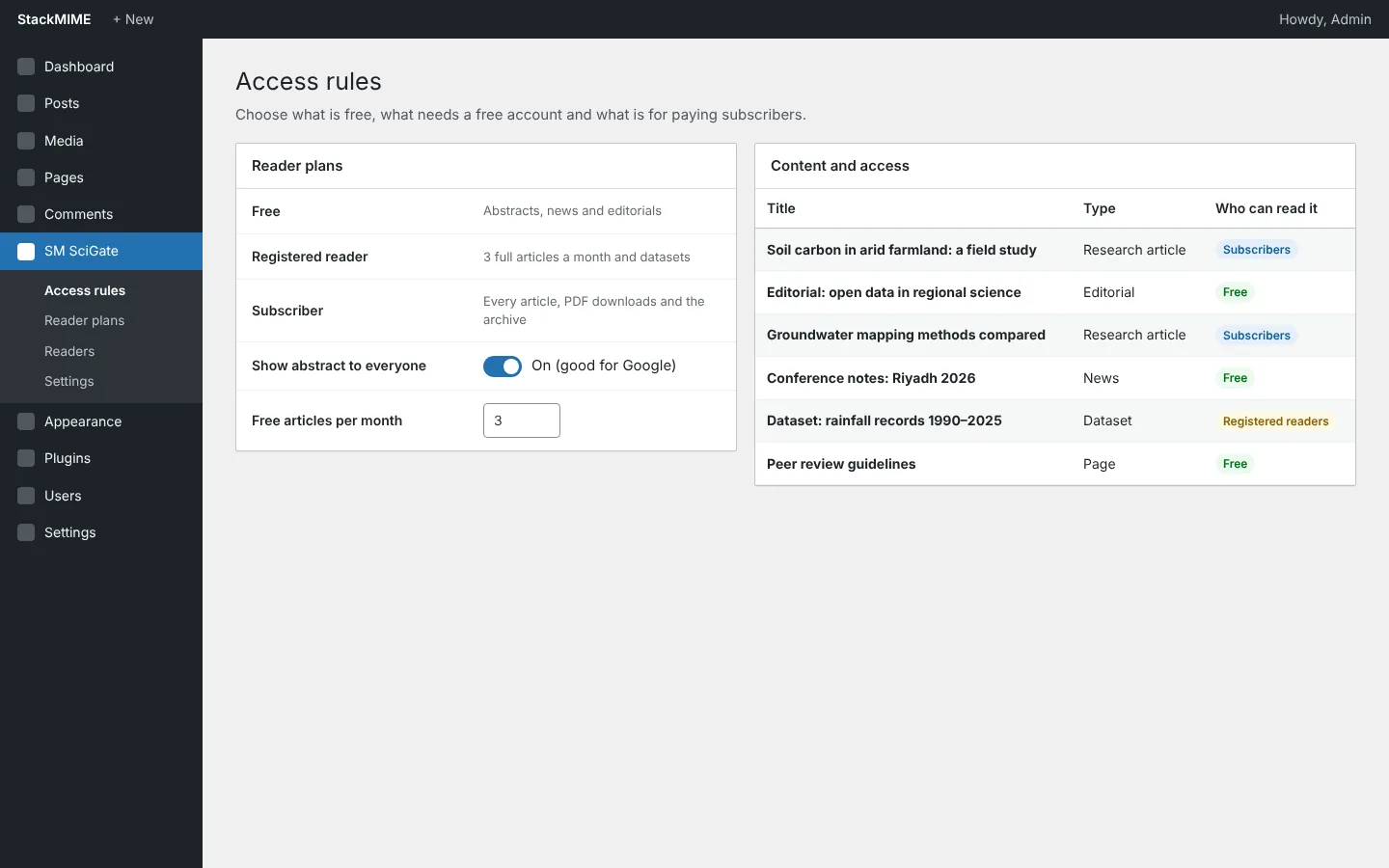 SM SciGate WordPress plugin by StackMIME: free and subscriber access rules