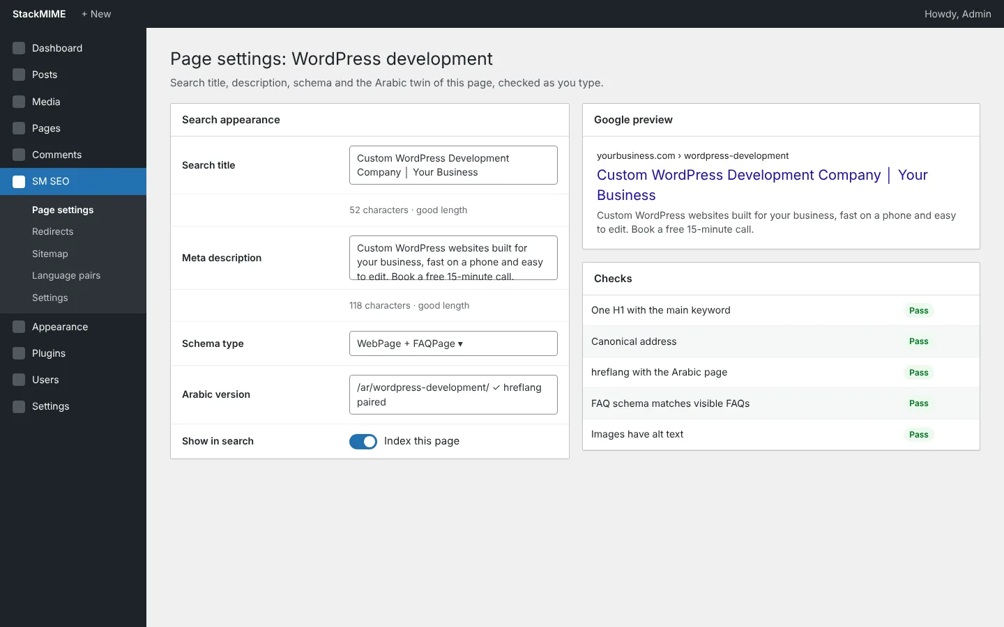 SM SEO WordPress plugin by StackMIME: search title, description and Google preview