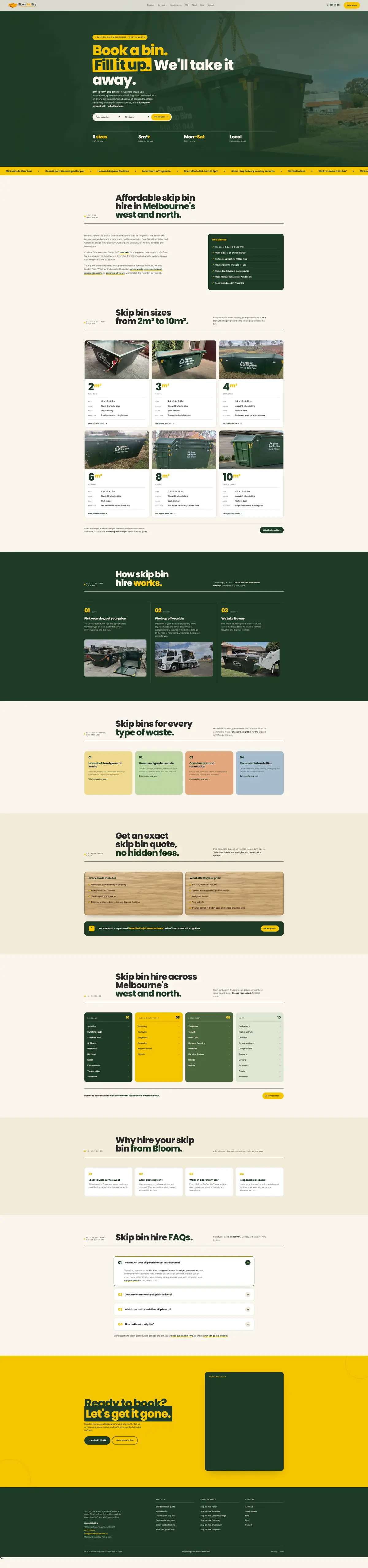 Bloom Skip Bins homepage from top to footer