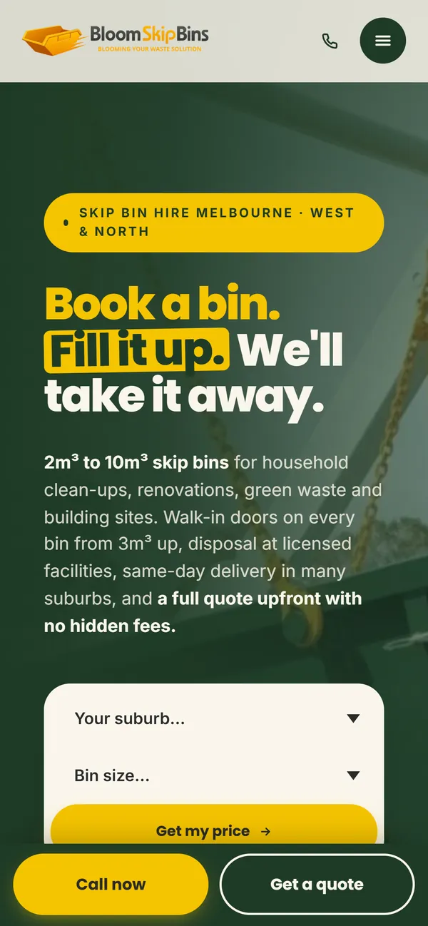 Bloom Skip Bins homepage on a phone