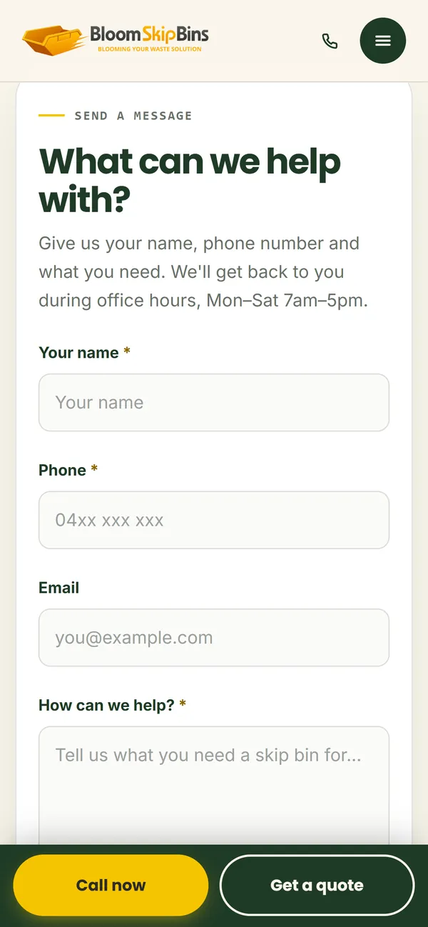 Bloom Skip Bins quote form on a phone