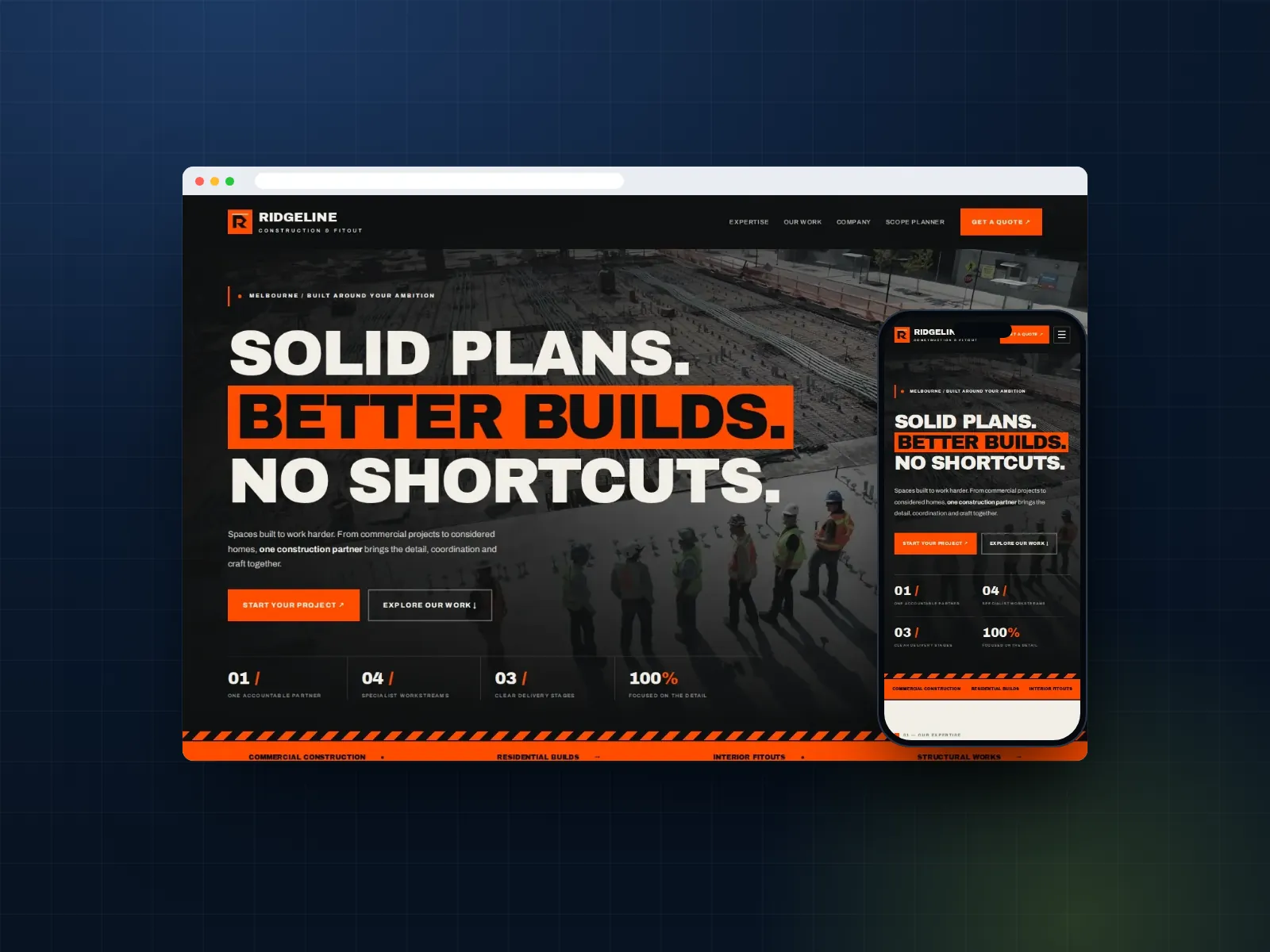 Construction and contracting website template on desktop and phone