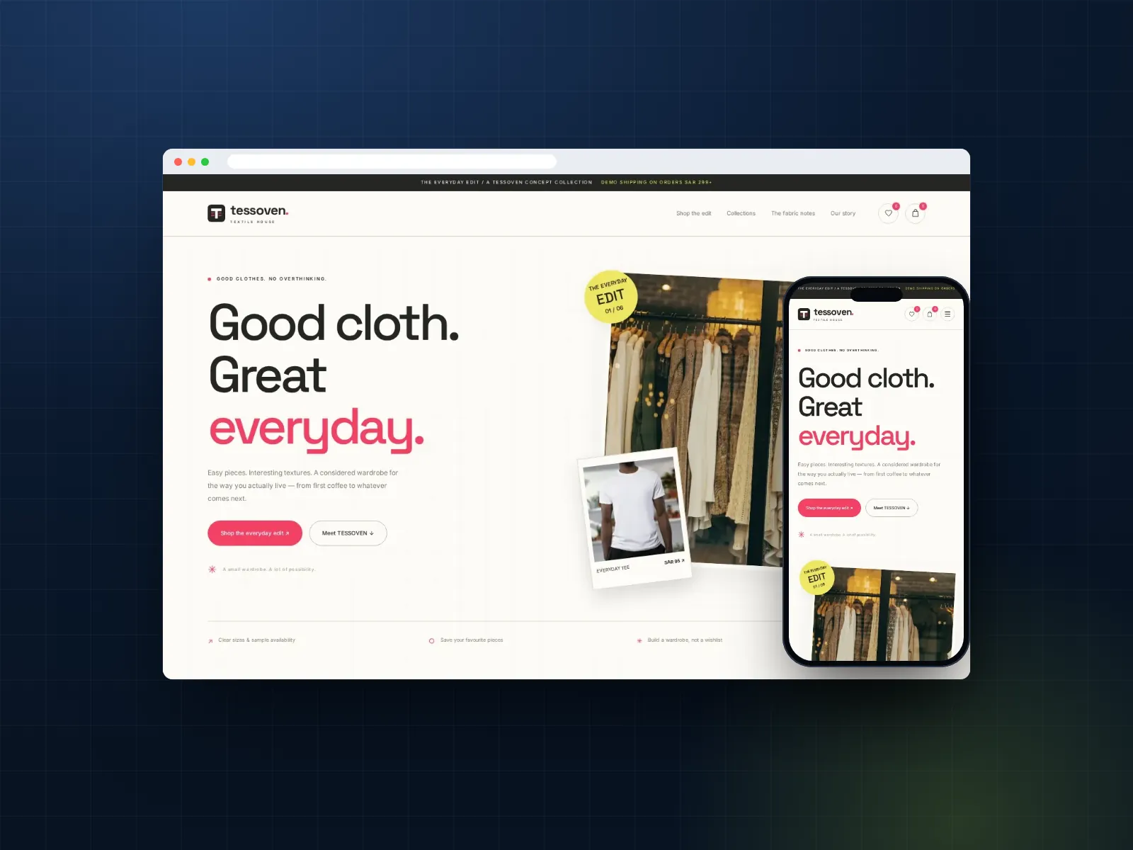 Clothing store and fashion e-commerce website template on desktop and phone