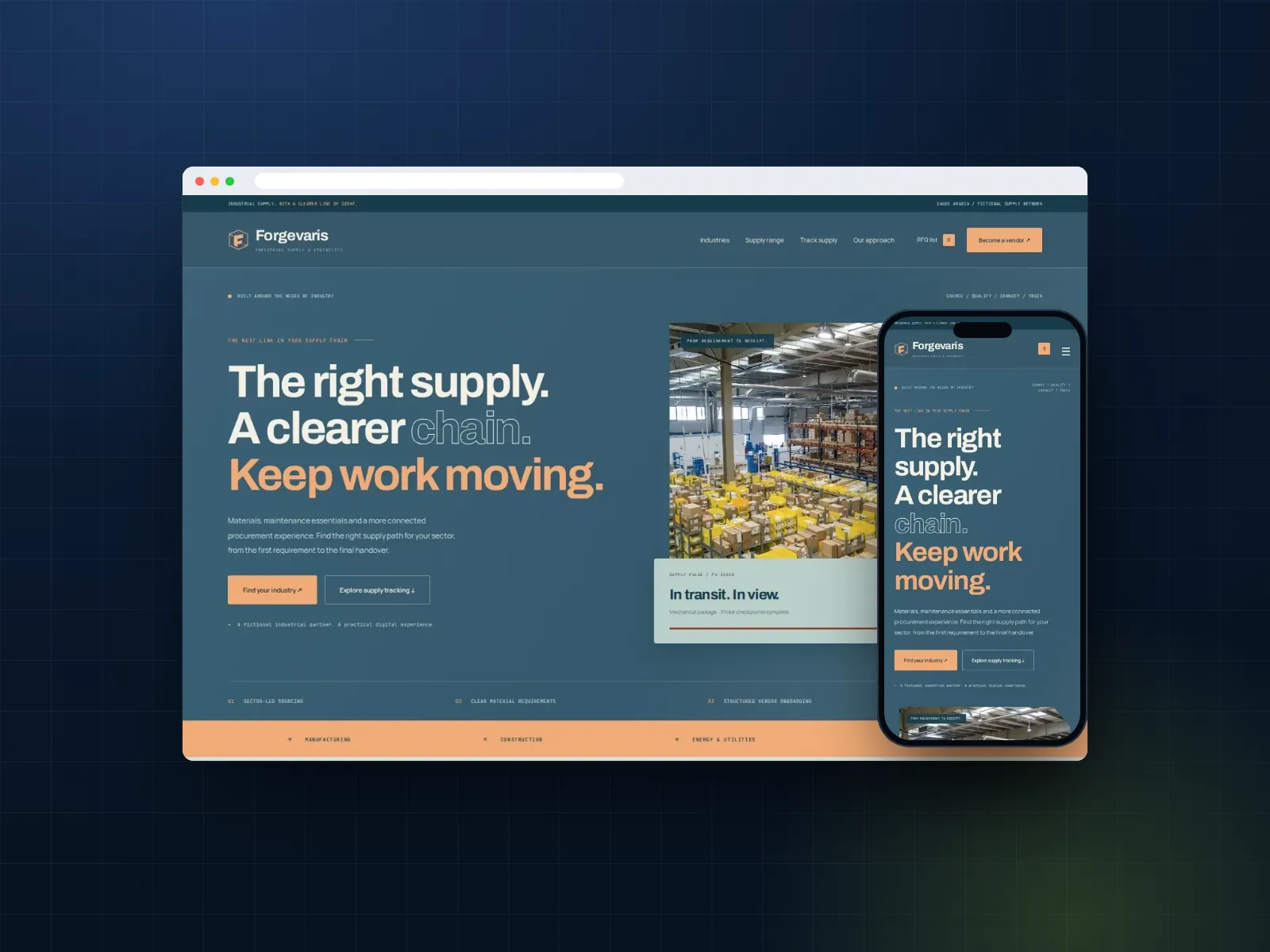 Industrial, engineering and supply website template on desktop and phone