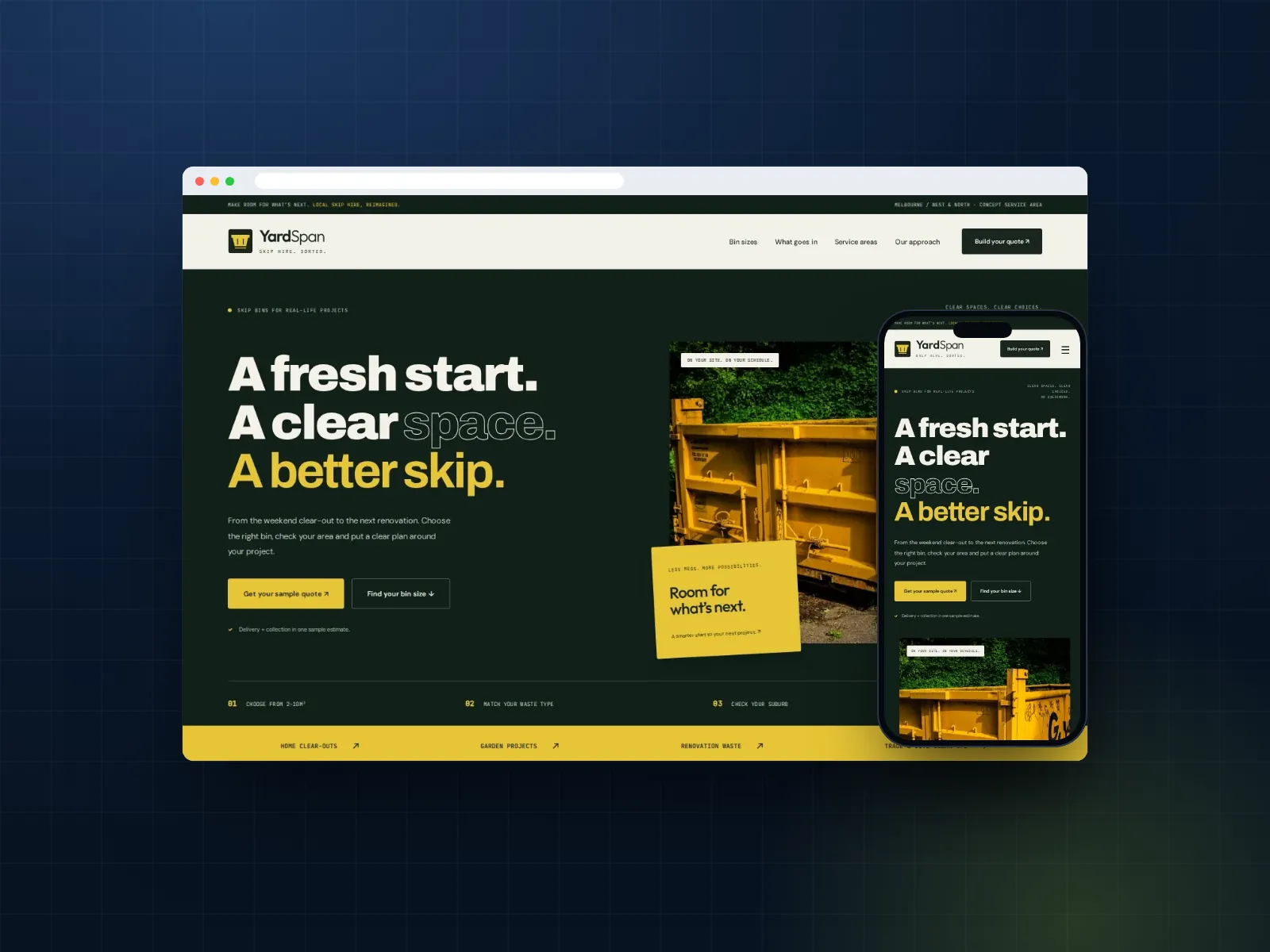 Skip bin hire and waste services website template on desktop and phone
