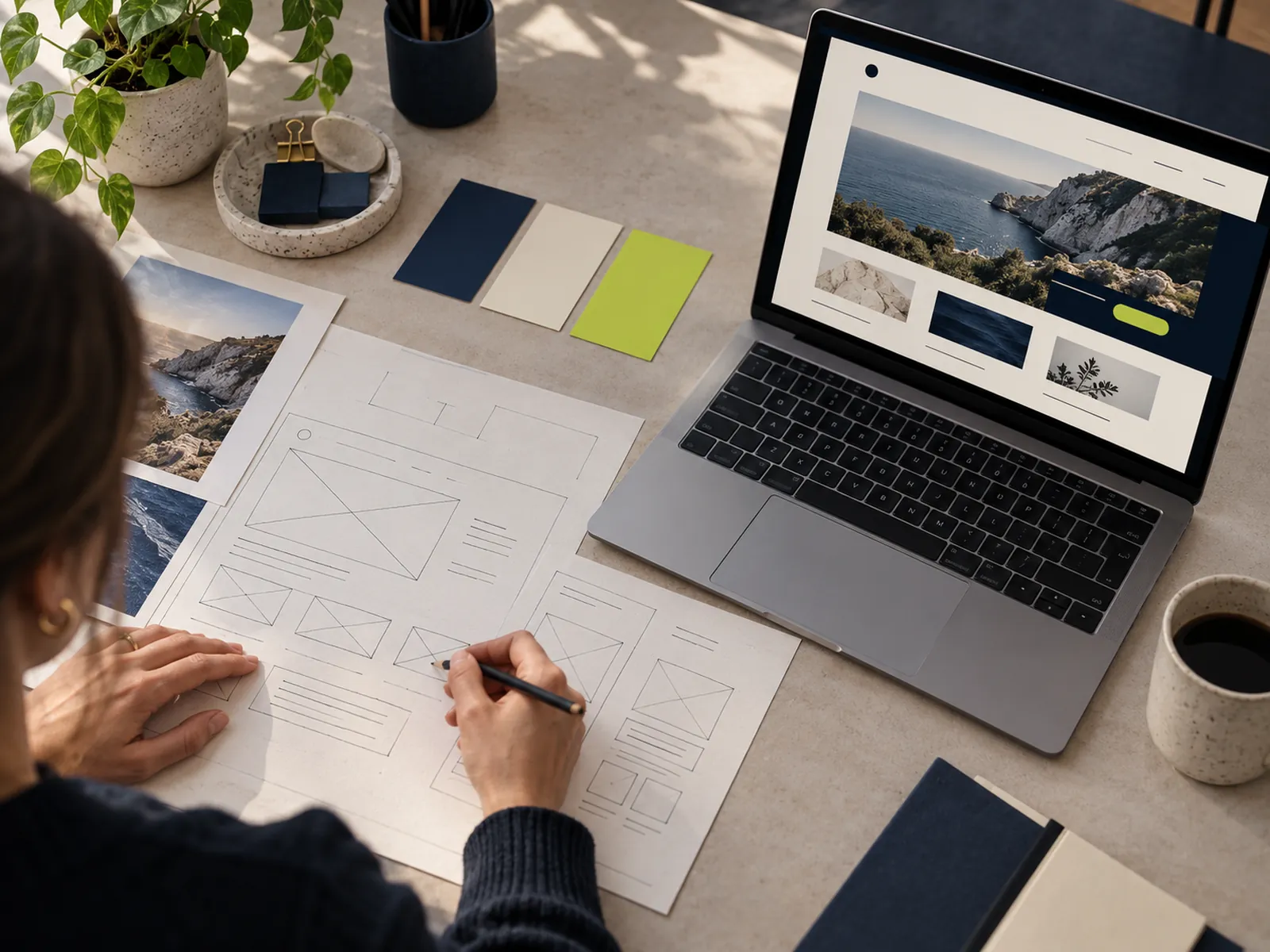 Website wireframes and colour swatches beside the finished page design