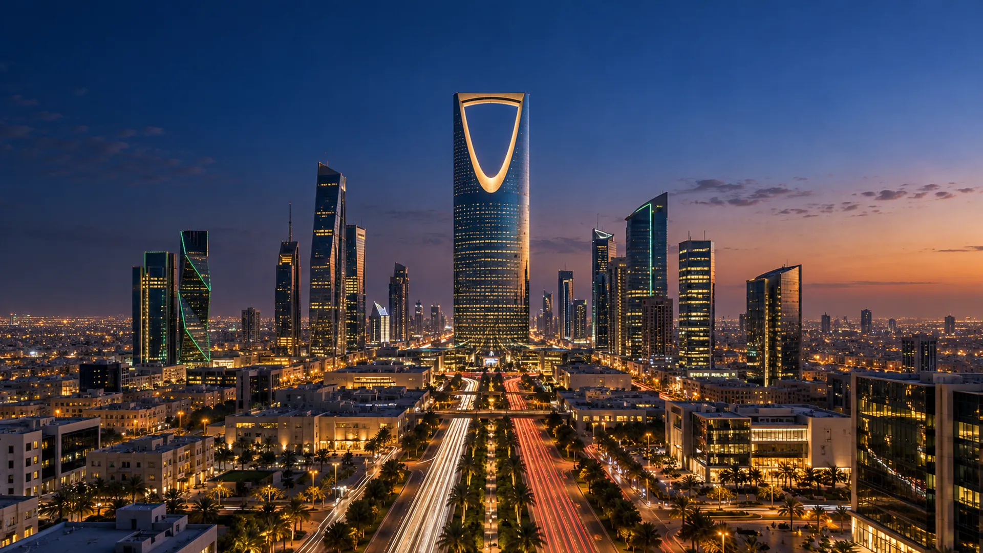 Riyadh, Saudi Arabia, where StackMIME works: the skyline at dusk with Kingdom Centre