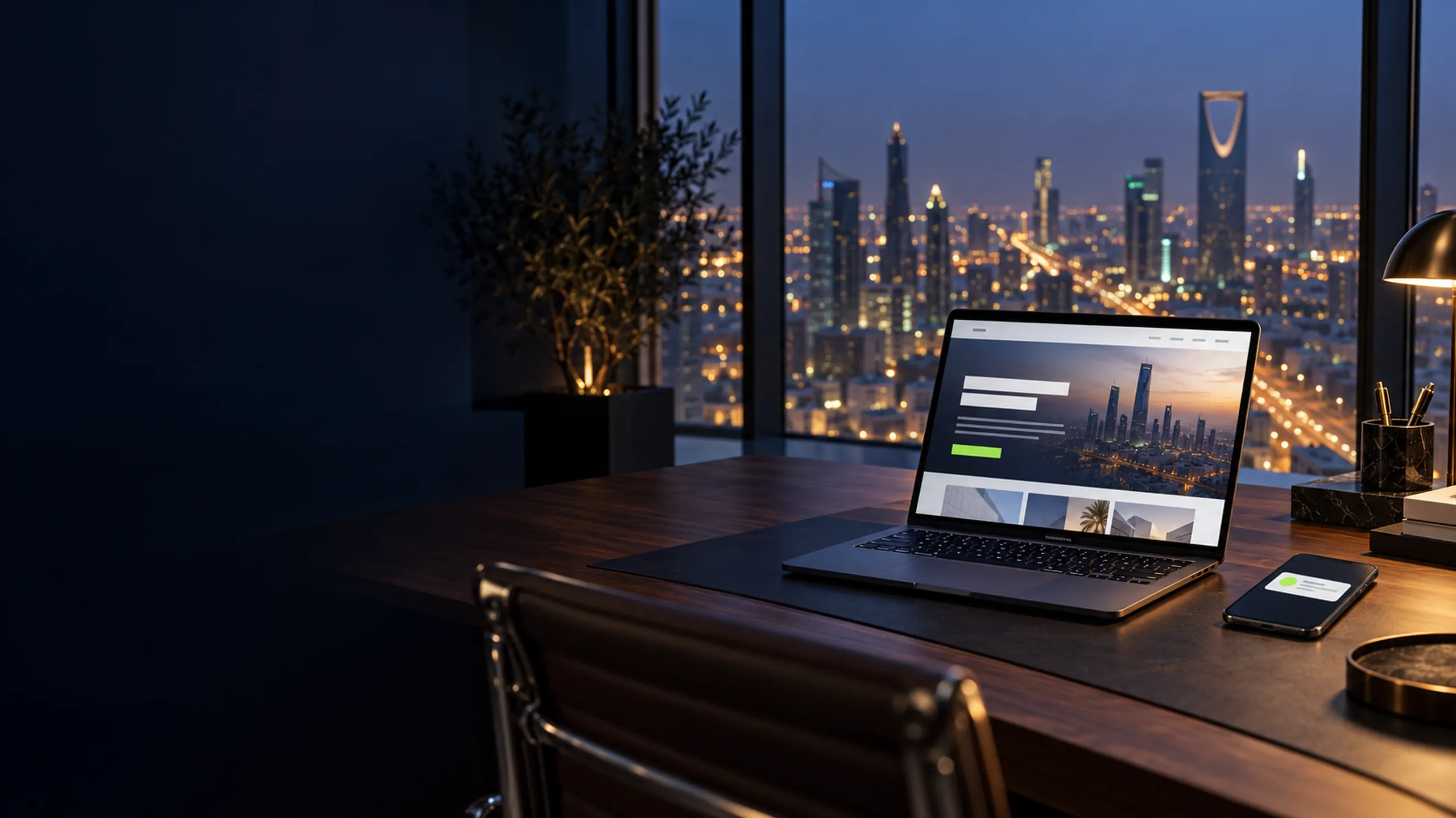 Modern office in Riyadh at dusk, a laptop and a phone lighting up with a new website enquiry